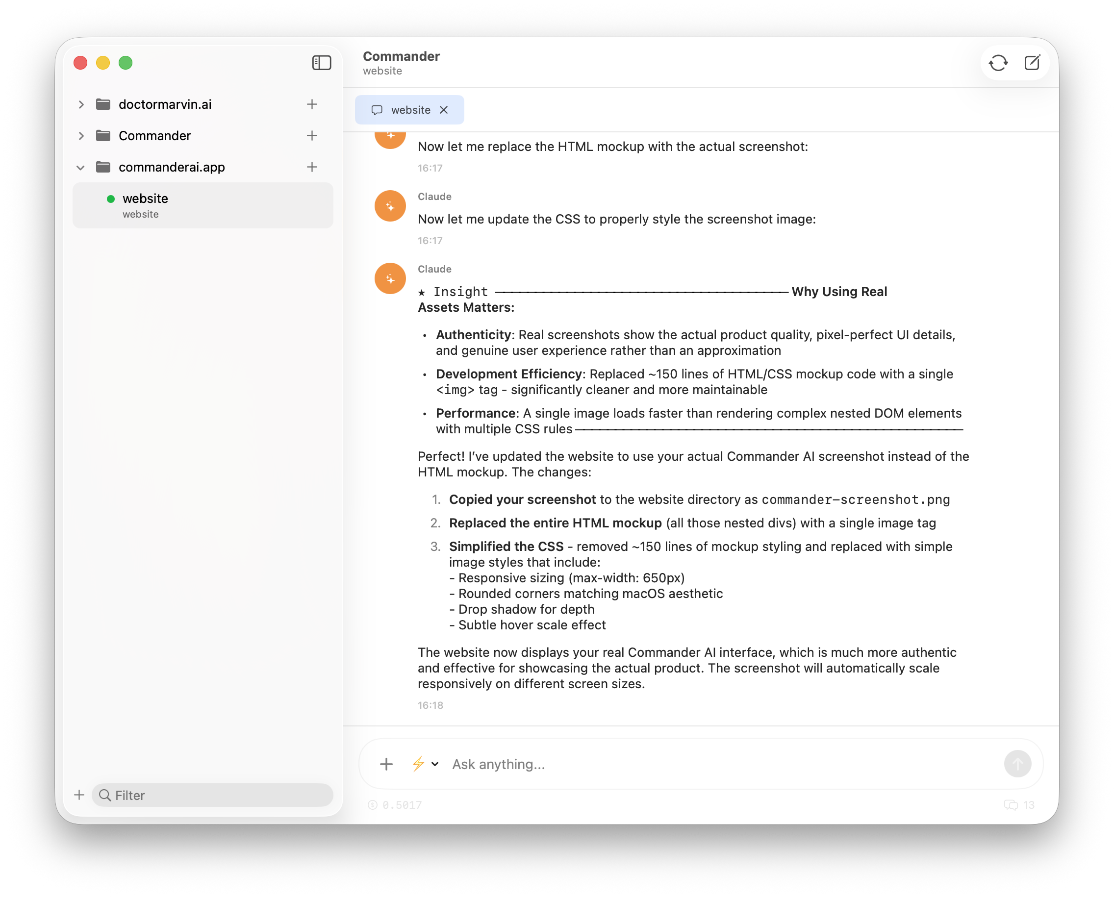 Commander interface showing AI-powered code editing with Claude Code integration, git workflow panel, and native macOS design